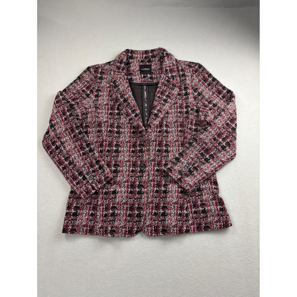 Liverpool Los Angeles Womens XL Plaid Knit Blazer Jacket Burgundy Pink Black